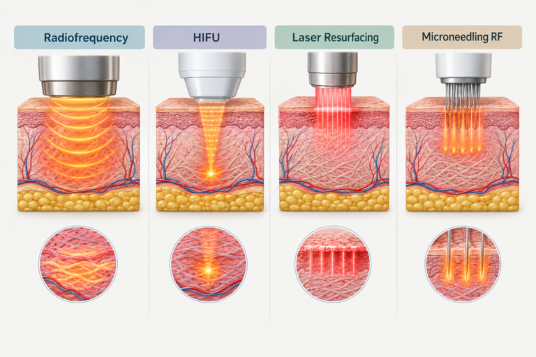 Comparison illustration of radiofrequency, HIFU, laser, and microneedling RF skin tightening