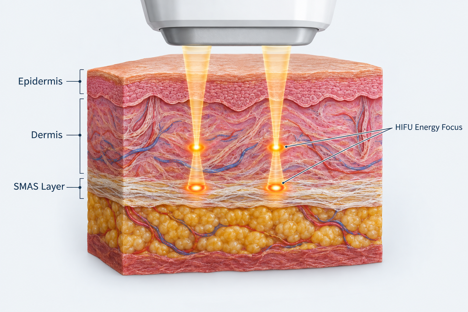 Diagram showing HIFU ultrasound energy targeting SMAS layer beneath facial skin for tightening