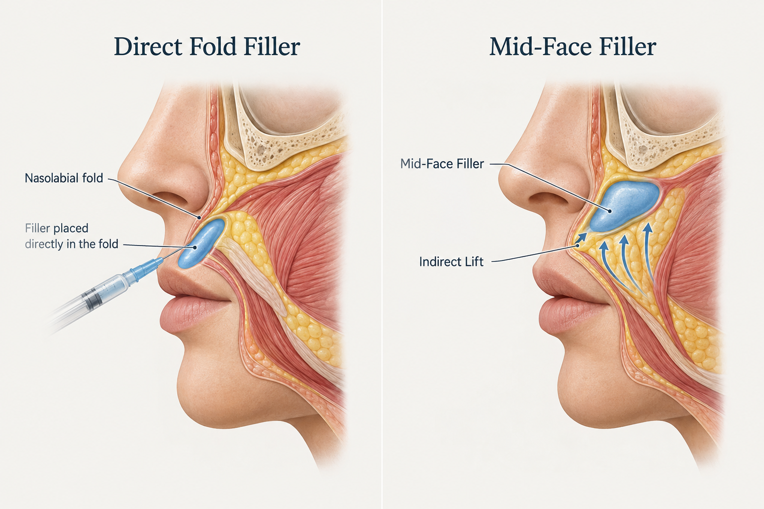 Comparison illustration of direct nasolabial fold filler versus indirect mid-face filler approach
