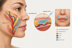 Facial anatomy diagram showing nasolabial fold area and nearby blood vessels relevant to smile