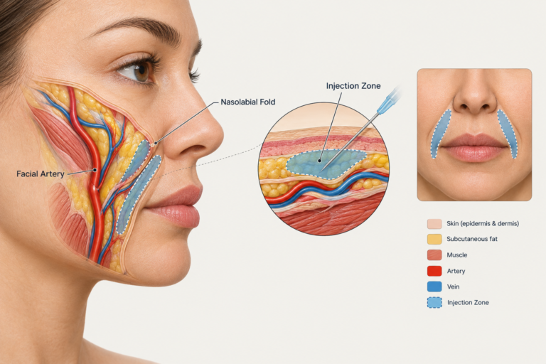 Facial anatomy diagram showing nasolabial fold area and nearby blood vessels relevant to smile