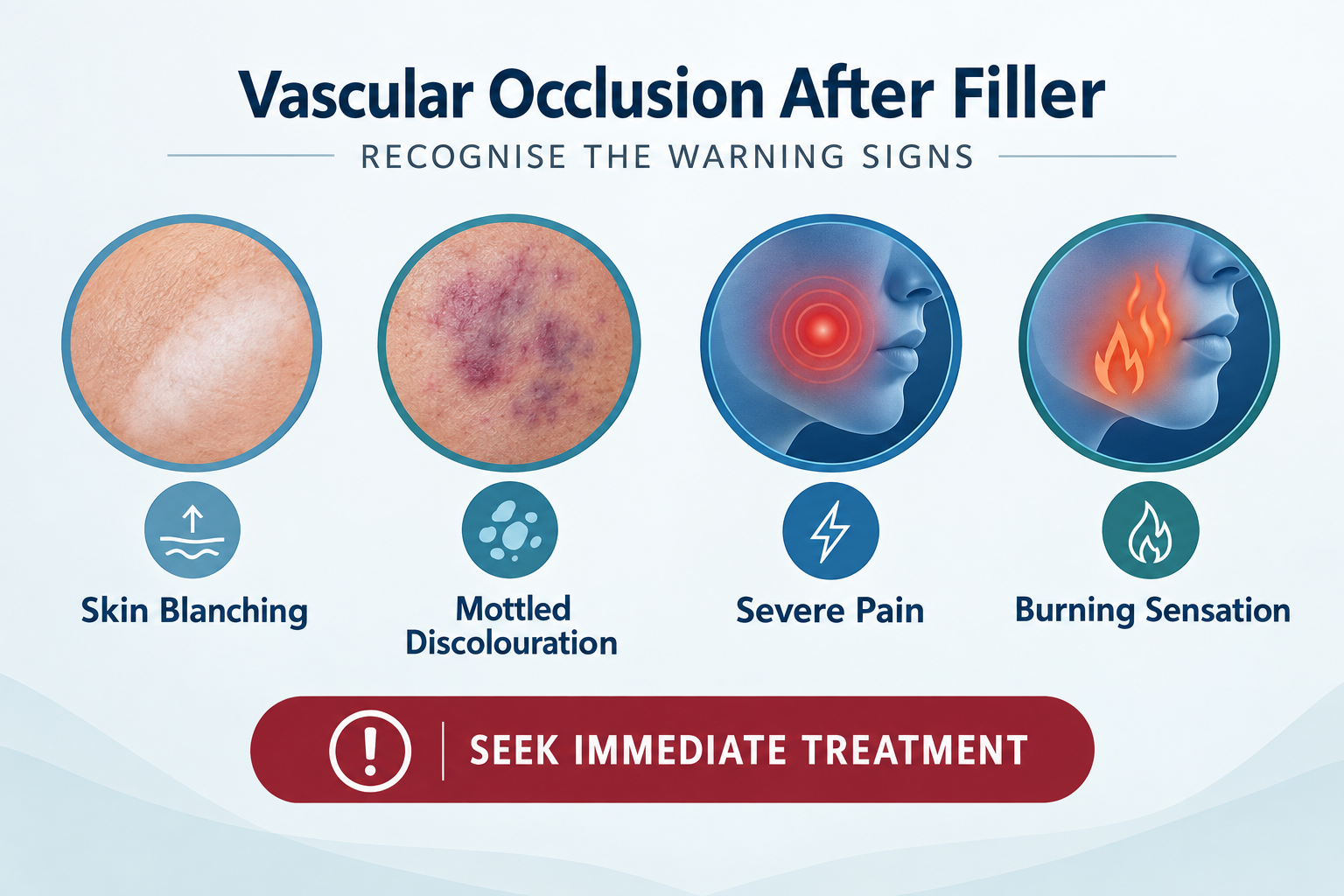 Infographic showing four warning signs of vascular occlusion after dermal filler injection