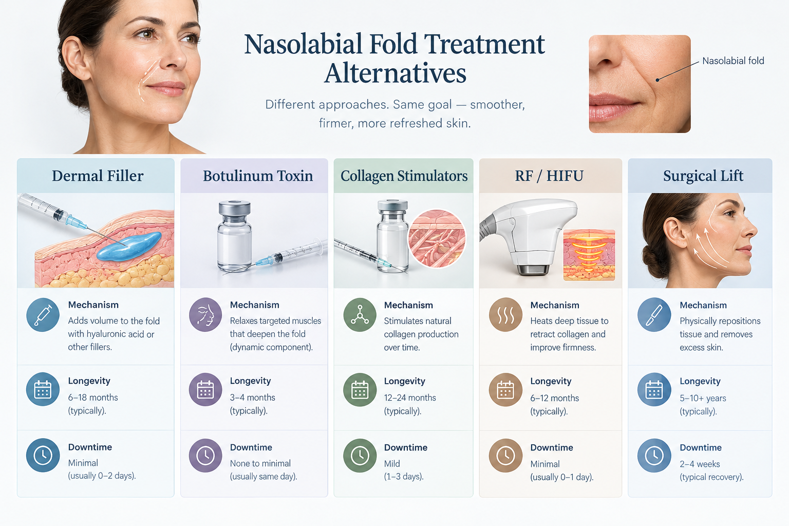 Comparison of nasolabial fold treatment alternatives including filler, toxin, collagen stimulators