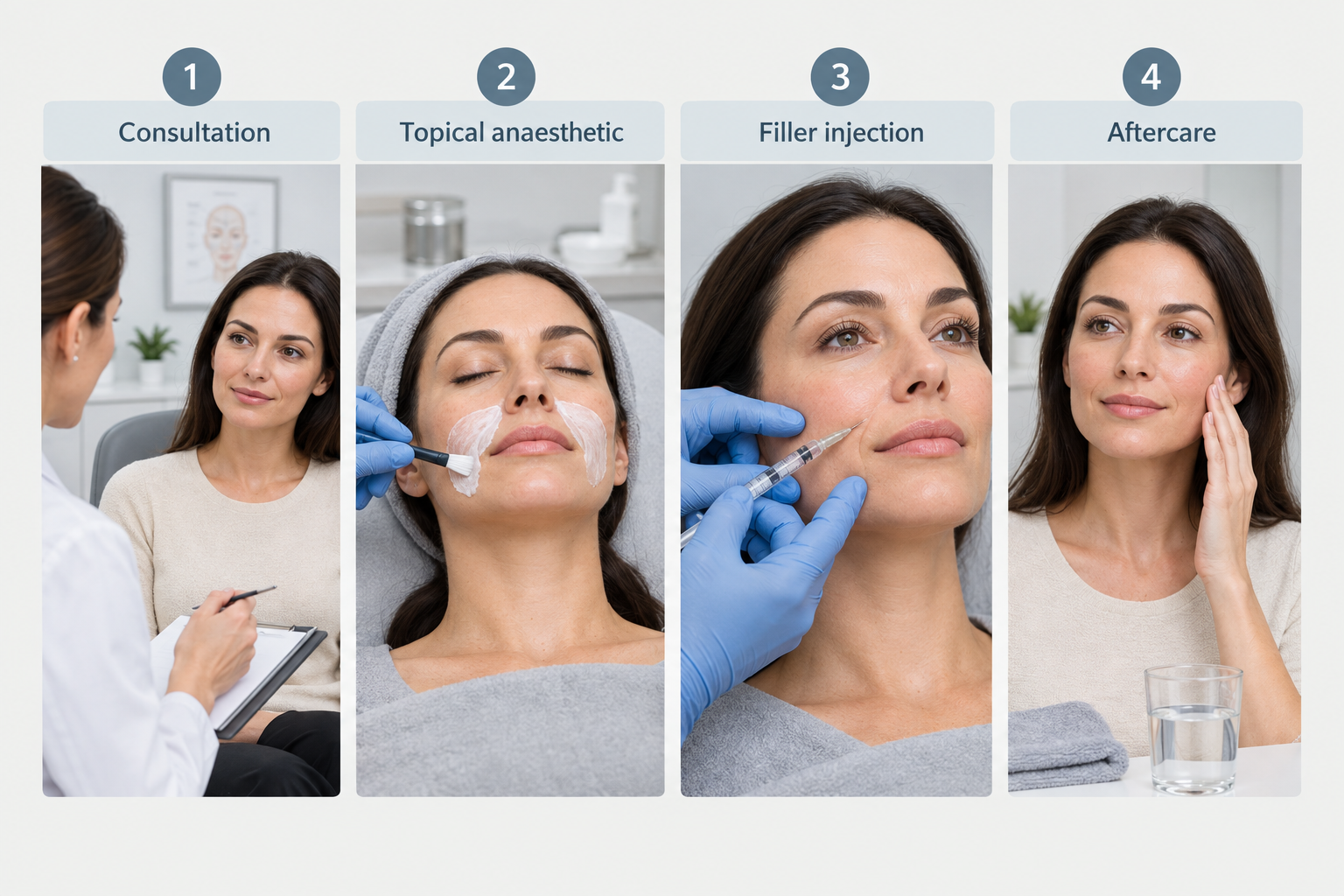 Step-by-step process of a nasolabial fold filler appointment from consultation to aftercare