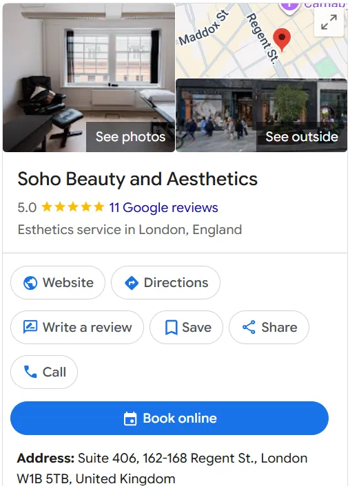 Soho Beauty and Aesthetics Google Maps profile 