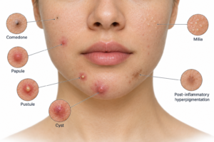 Illustration of different types of spots on the chin including comedones, papules, cysts and milia