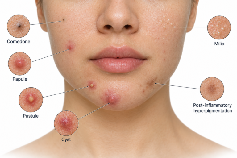 Illustration of different types of spots on the chin including comedones, papules, cysts and milia