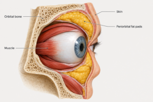 Anatomical illustration of periorbital layers showing fat pads, orbital bone, and skin around the