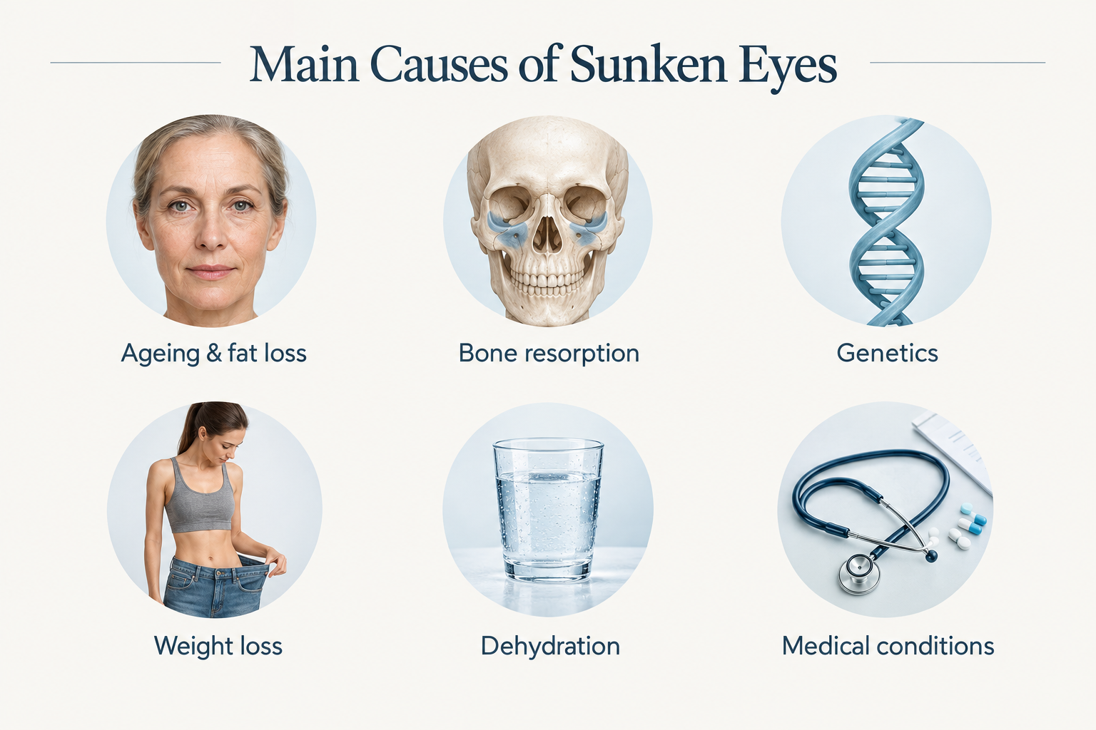 Infographic showing the main causes of sunken eyes including ageing, fat loss, and bone resorption