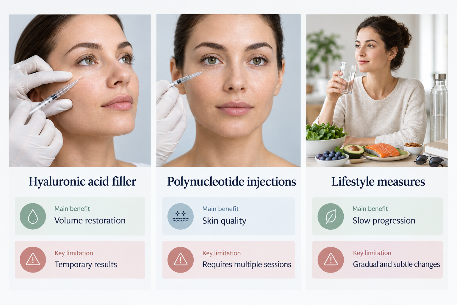 Comparison of treatment options for sunken eyes including filler, polynucleotides, and lifestyle