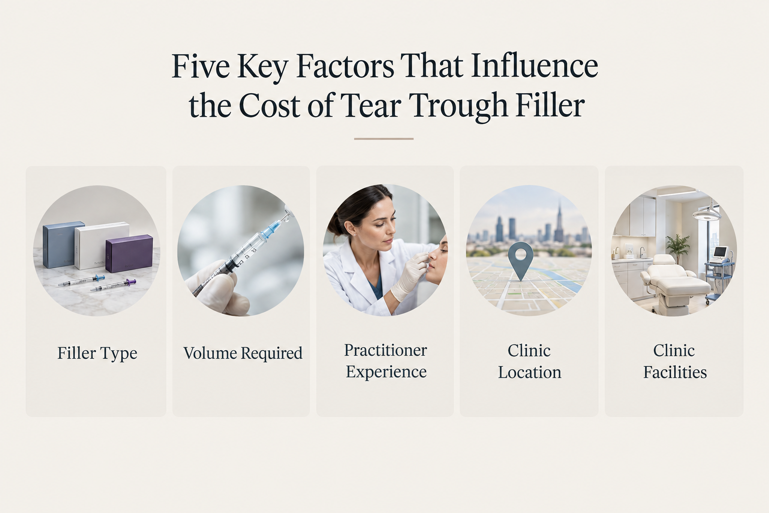 Infographic showing five key factors that affect tear trough filler cost