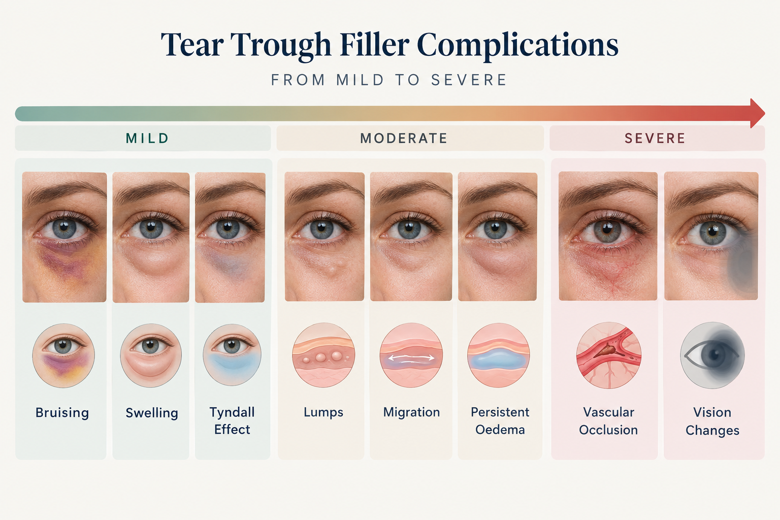 Infographic showing tear trough filler complications from mild bruising to serious vascular