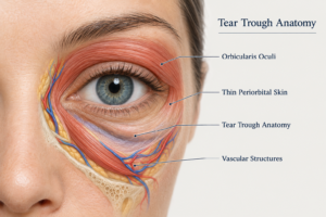 Anatomical illustration of the tear trough area showing under-eye skin layers and blood vessels