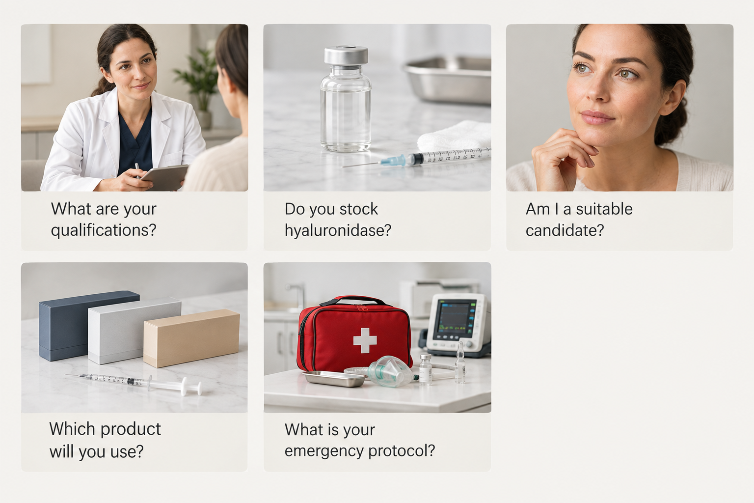 Fact cards listing important questions to ask a practitioner before tear trough filler treatment