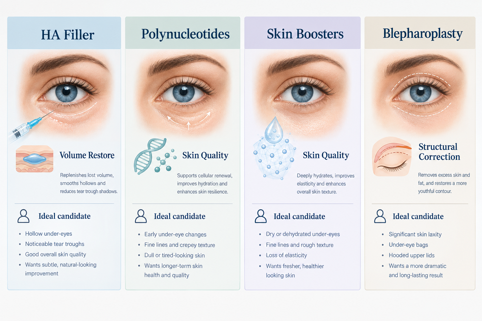 Comparison of tear trough filler alternatives including polynucleotides, skin boosters and
