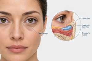 Illustration of tear trough hollow and hyaluronic acid filler placement beneath the lower eyelid