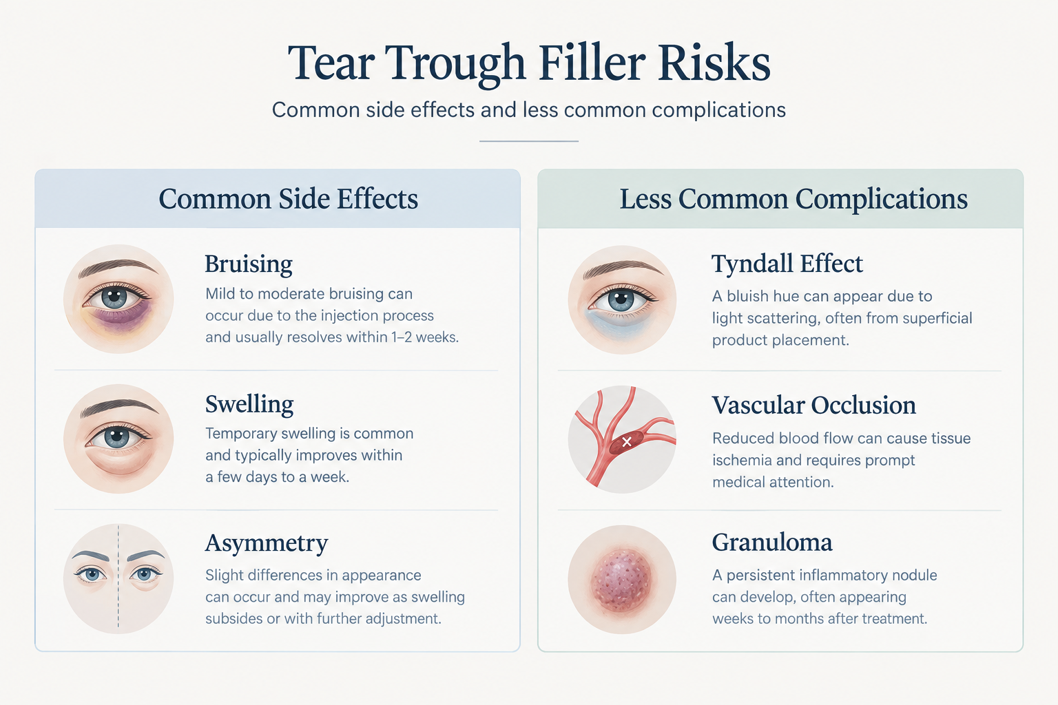 Infographic showing common and less common risks of tear trough filler treatment