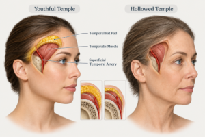 Illustration of temple anatomy showing fat pad, muscle, and bone changes with age