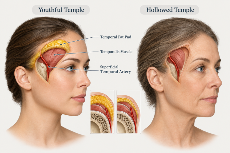 Illustration of temple anatomy showing fat pad, muscle, and bone changes with age