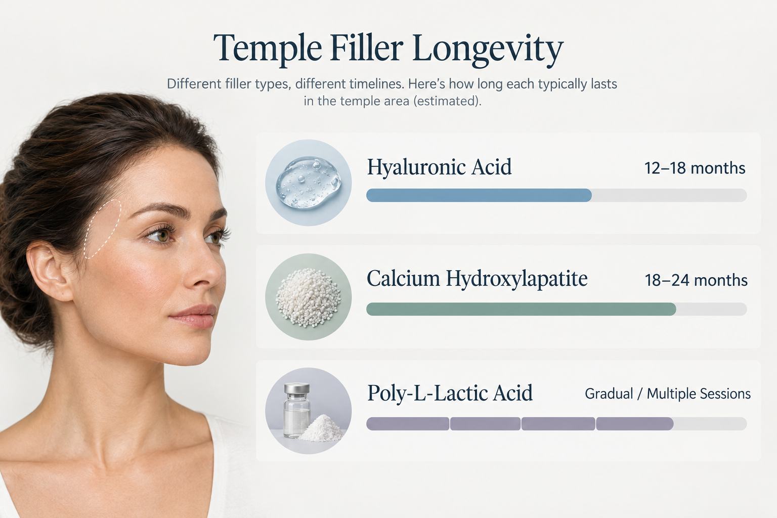 Infographic comparing longevity of hyaluronic acid, calcium hydroxylapatite, and poly-L-lactic