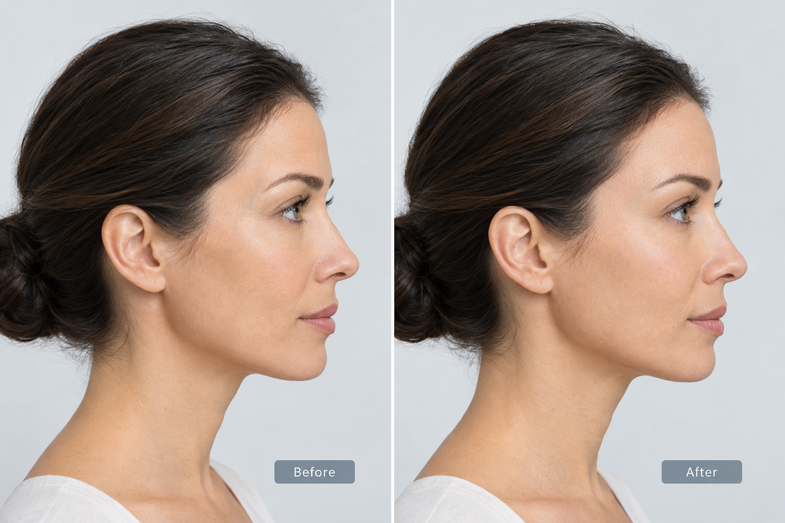 Side-by-side illustration comparing temple hollowing before and after dermal filler treatment