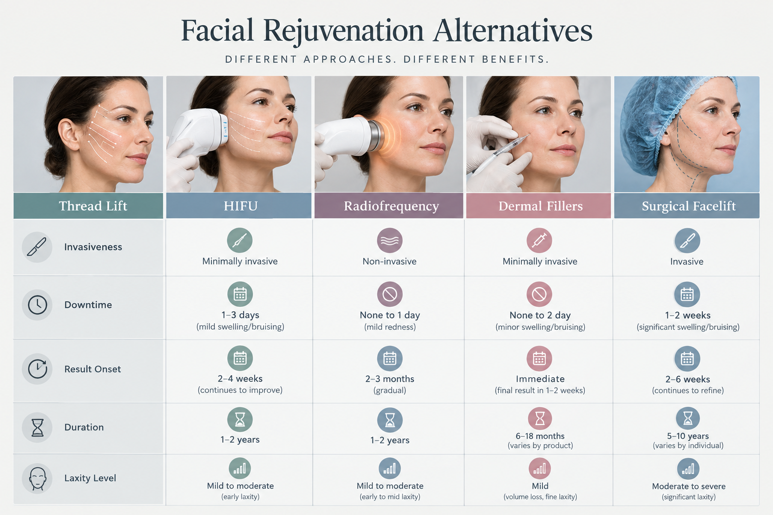 Comparison chart of thread lift versus HIFU, radiofrequency, fillers and surgical facelift options
