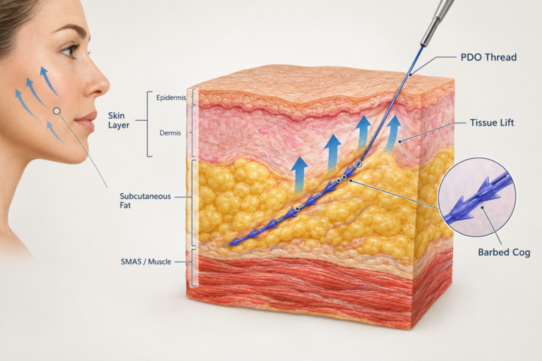 Threading face lift illustration showing PDO threads lifting facial tissue beneath the skin