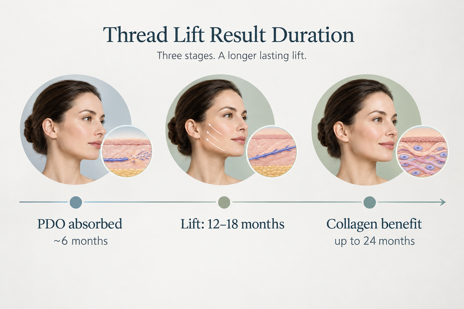 Infographic showing thread lift results timeline from thread absorption to collagen benefit duration