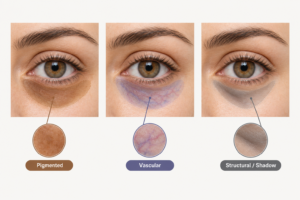 Illustration comparing pigmented, vascular, and structural types of dark circles under the eye