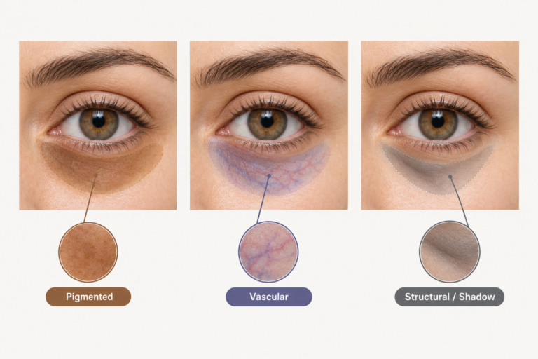 Illustration comparing pigmented, vascular, and structural types of dark circles under the eye
