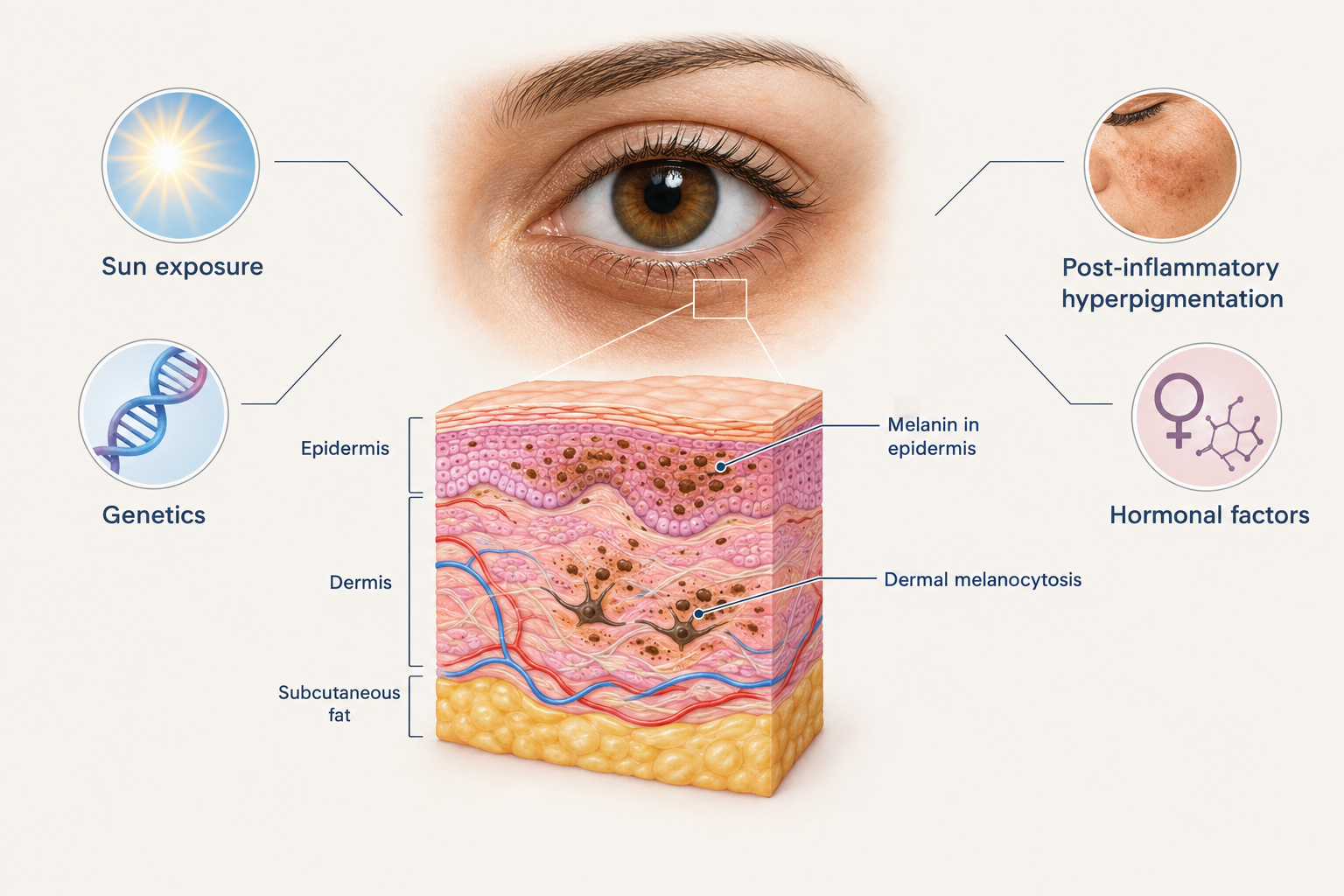 Infographic showing melanin deposits in under-eye skin layers causing pigmented dark circles