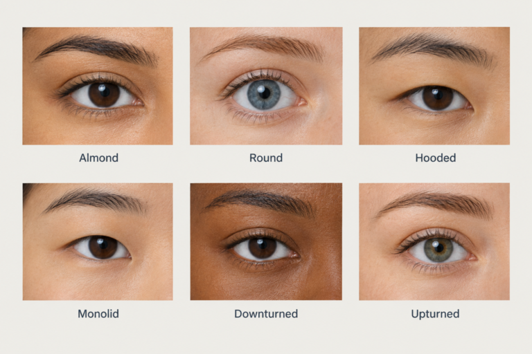 Illustrated diagram showing six common eye shapes: almond, round, hooded, monolid, downturned