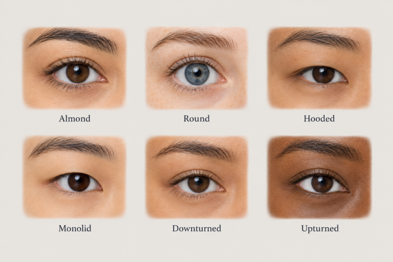 Six types of eyes illustrated side by side: almond, round, hooded, monolid, downturned, upturned
