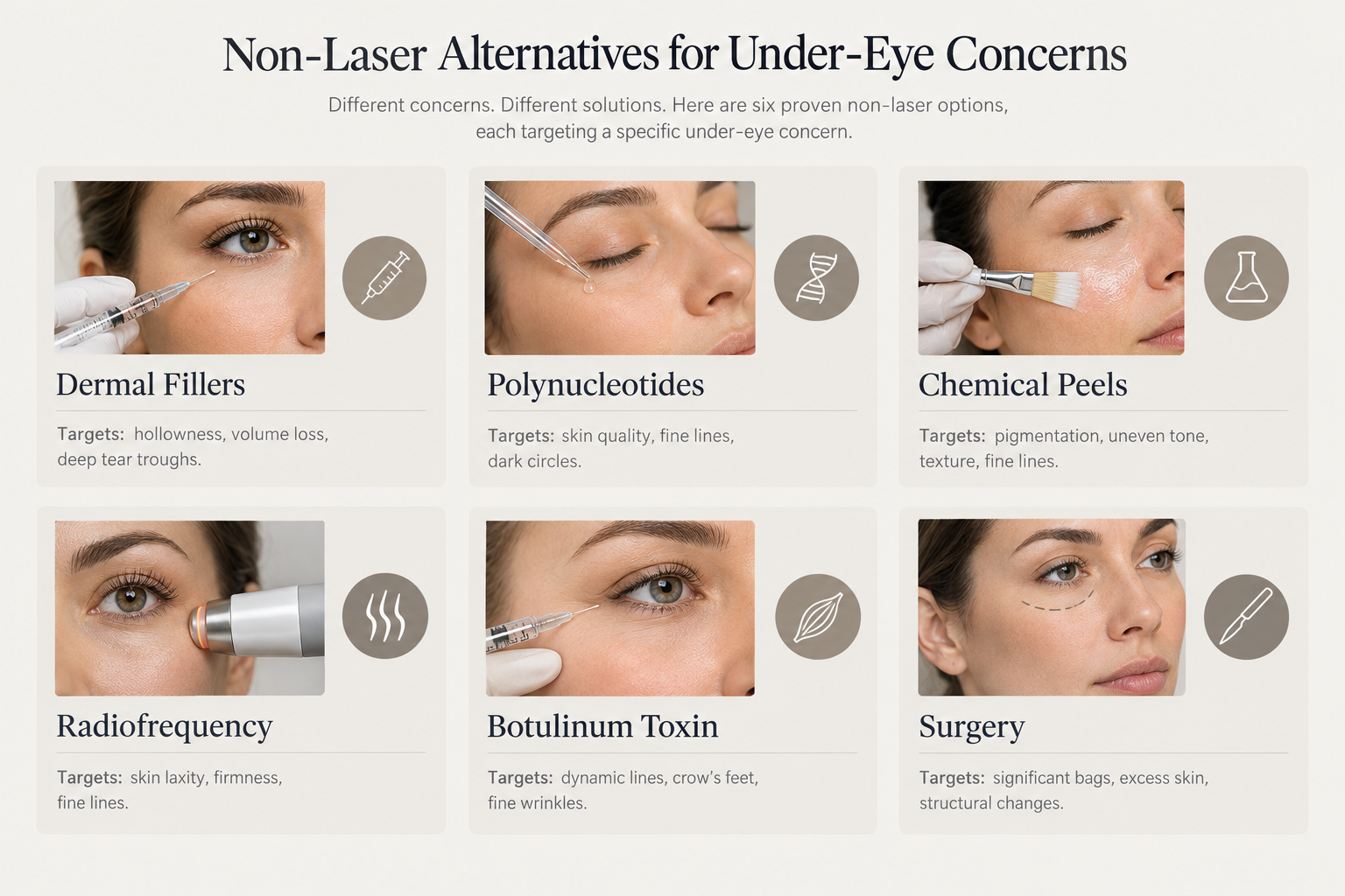 Infographic of non-laser alternatives for under-eye concerns including fillers and radiofrequency