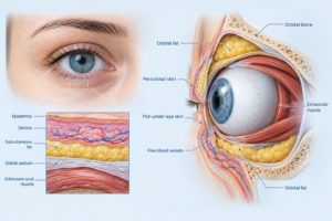 Illustration of periorbital skin anatomy showing thin under-eye layers and orbital structures