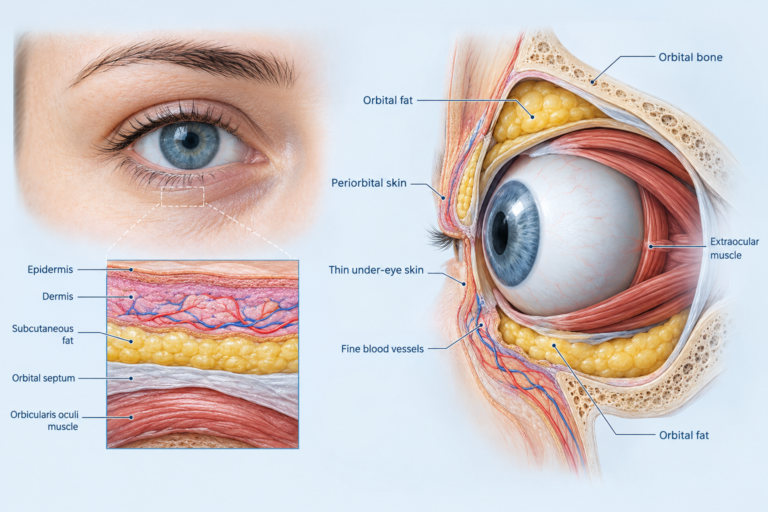 Illustration of periorbital skin anatomy showing thin under-eye layers and orbital structures