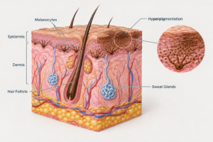Cross-section illustration of axillary skin showing melanocytes and hyperpigmentation layers