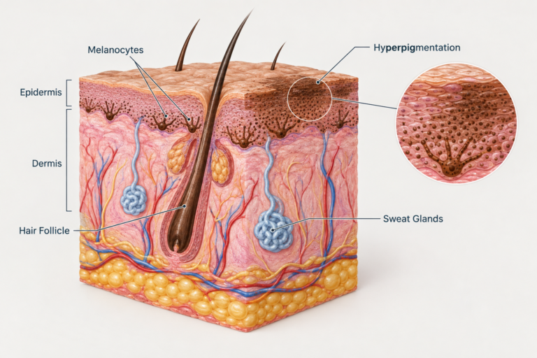 Cross-section illustration of axillary skin showing melanocytes and hyperpigmentation layers