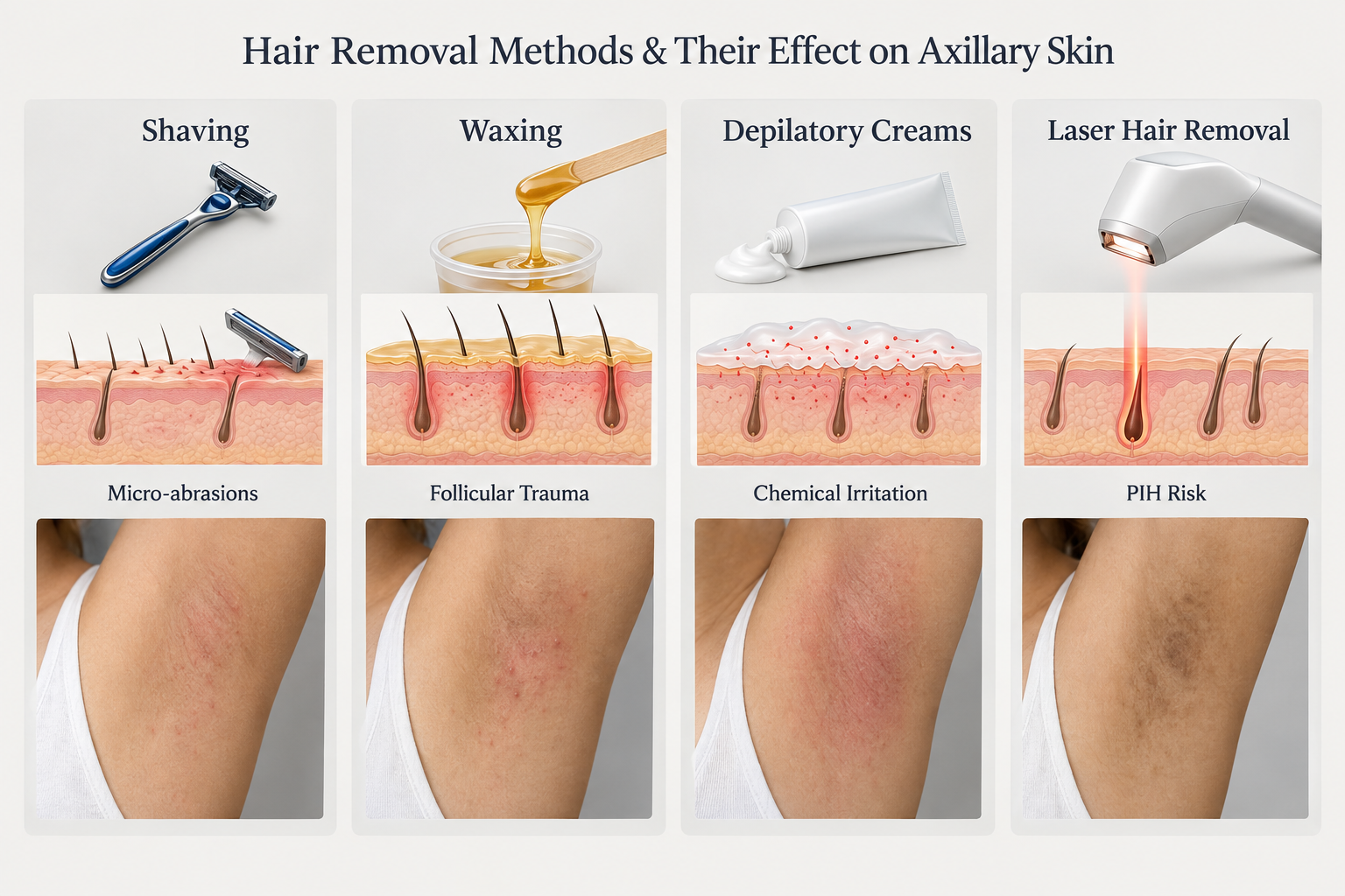 Infographic comparing hair removal methods and their contribution to underarm pigmentation