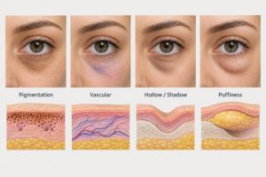 Illustration showing four causes of dark circles under eyes: pigmentation, blood vessels