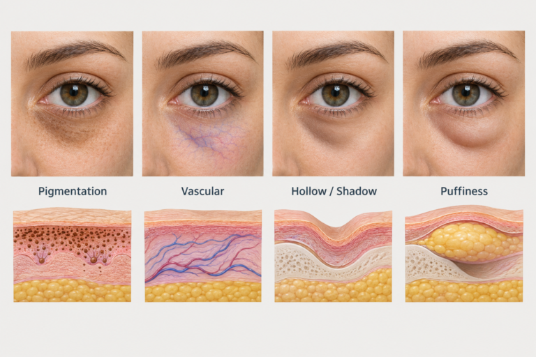 Illustration showing four causes of dark circles under eyes: pigmentation, blood vessels