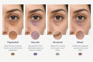 Illustration showing four types of dark circles under eyes: pigmented, vascular, structural, and