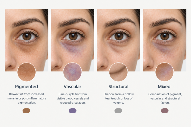 Illustration showing four types of dark circles under eyes: pigmented, vascular, structural, and