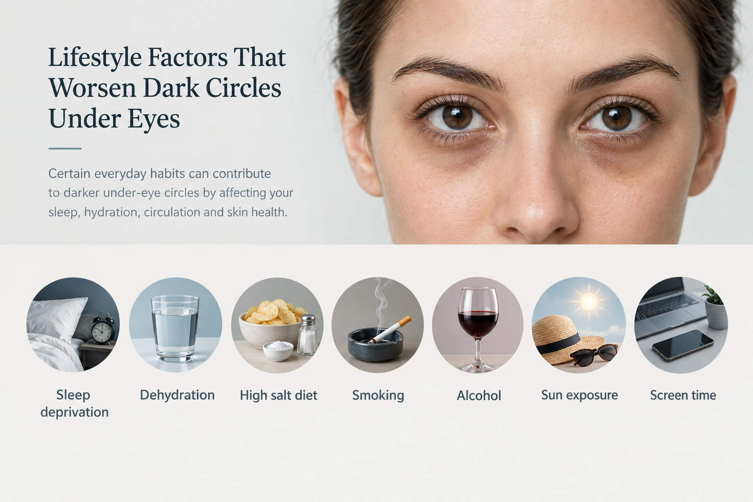 Infographic of lifestyle factors that worsen dark circles including sleep deprivation, dehydration