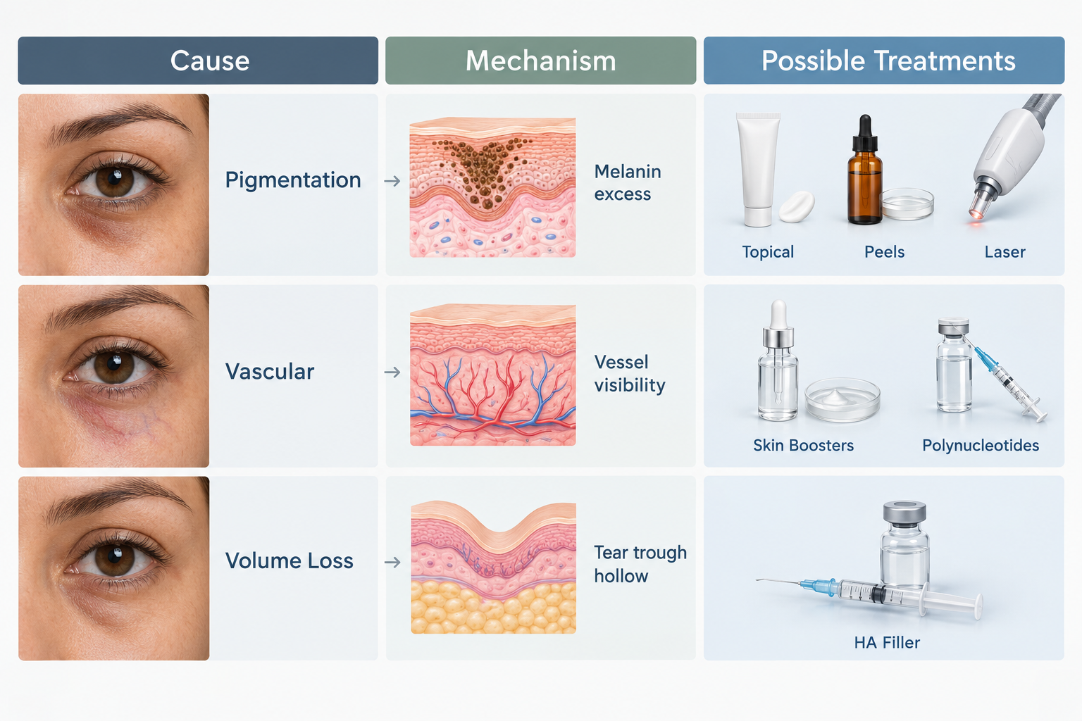 Diagram matching dark circle causes such as pigmentation and volume loss to corresponding