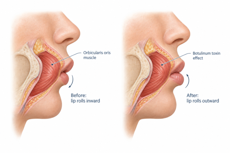 Illustration showing how a lip flip relaxes the orbicularis oris muscle to roll the upper lip