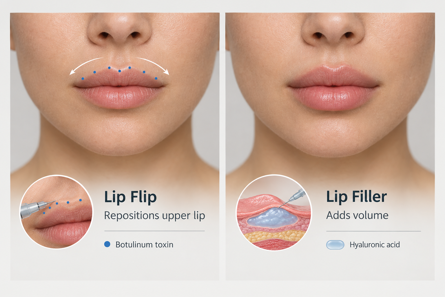 Side-by-side comparison of lip flip botulinum toxin treatment versus hyaluronic acid lip filler
