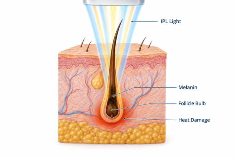 IPL hair removal mechanism showing broad-spectrum light targeting melanin in a hair follicle