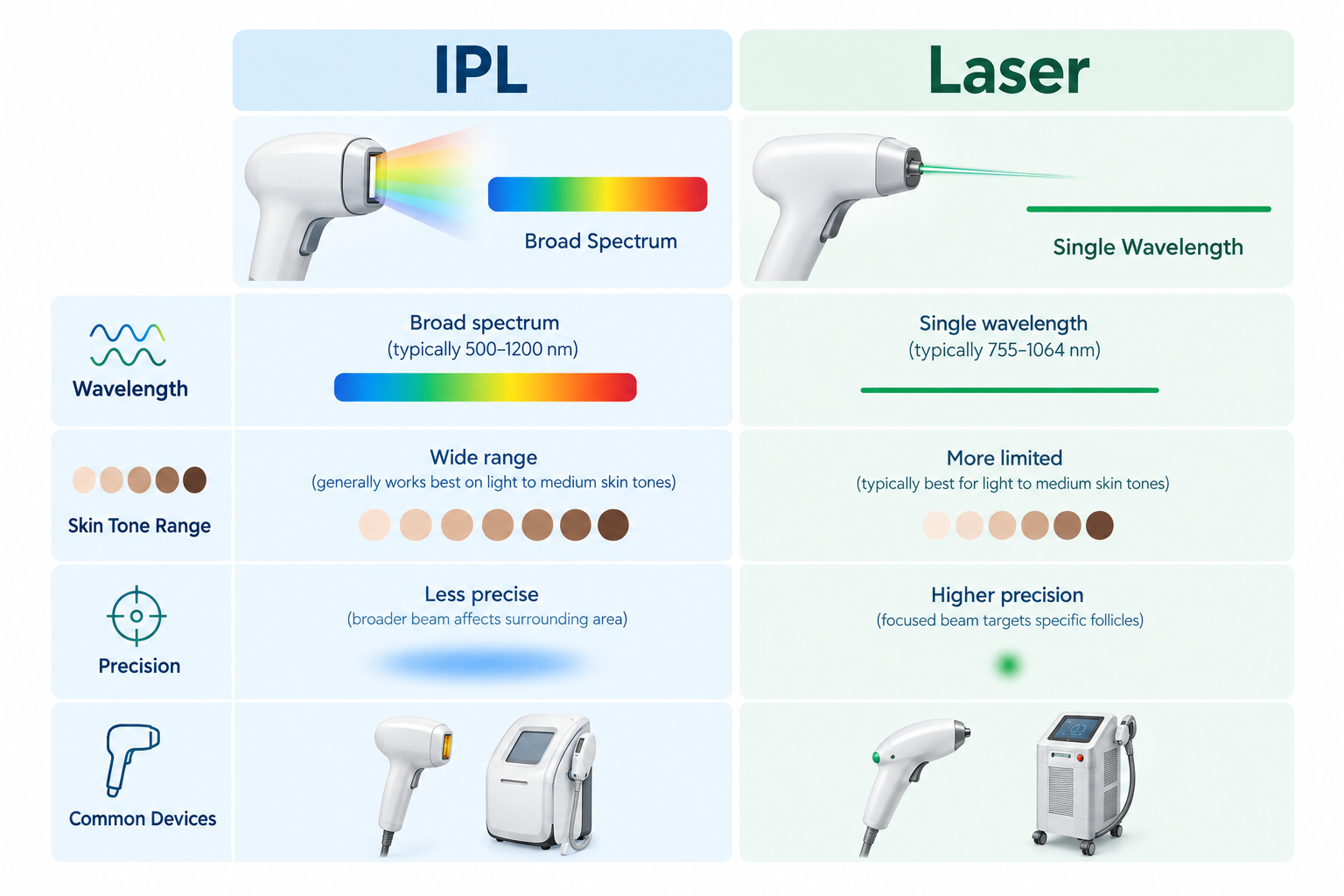 IPL versus laser hair removal comparison showing wavelength, precision and skin tone suitability