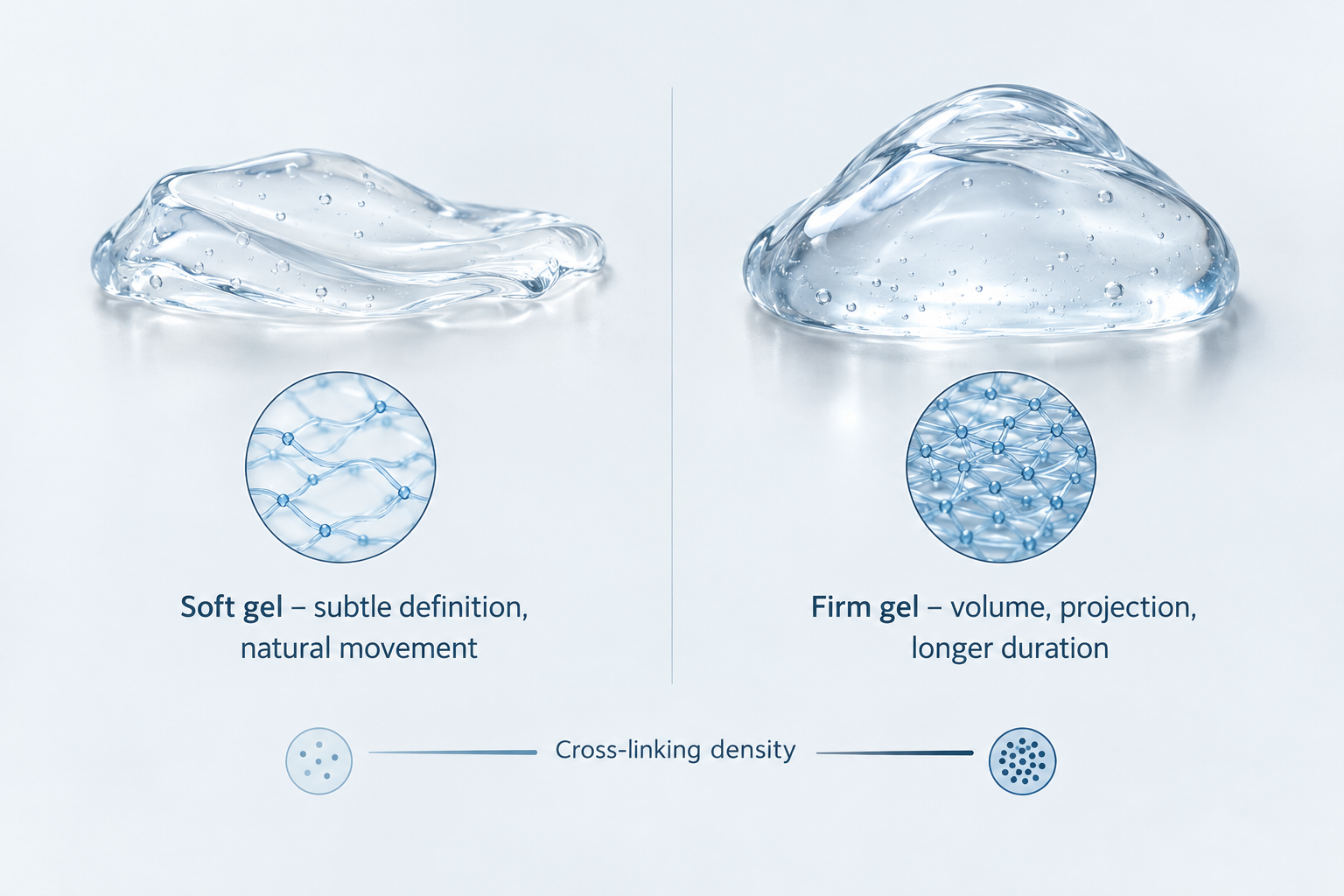 Infographic comparing soft and firm cross-linked hyaluronic acid lip filler gels